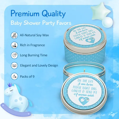 Vista 5 de Majestic Zen Juego de regalo de velas para baby shower, paquete de 9 velas de cera de soja perfumadas neutrales, aroma a polvo fresco para bebé, 30