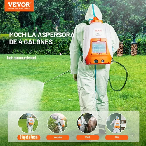 Vista 2 de VEVOR Pulverizador de mochila alimentado por batería, presión ajustable de 0-90 PSI, tanque de 4 galones, rociador de mochila con 8 boquillas y 2