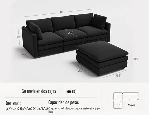 Vista 2 de Txtin's - Sofás Cloud para sala de estar, sofá seccional en forma de L con otomán, sofá de 4 plazas de felpa profunda, sofá moderno para Negro
