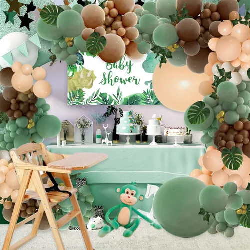 Vista 6 de PERPAOL 142 globos de color verde salvia y marrón y 143 globos rosa para bodas, fiestas, temática de princesa, cumpleaños, despedida de soltera