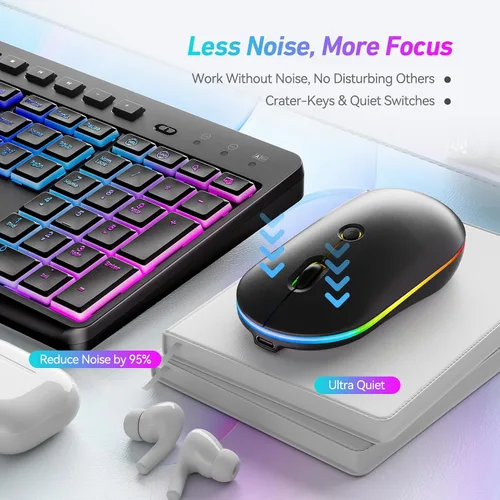Vista 7 de Combo de teclado y mouse inalámbricos con retroiluminación, 2.4G de tamaño completo, ergonómico, recargable, teclado de computadora con soporte