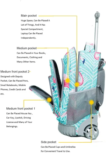 Vista 6 de Tilami Mochila con ruedas para niños y niñas de 18 pulgadas Computadora portátil
