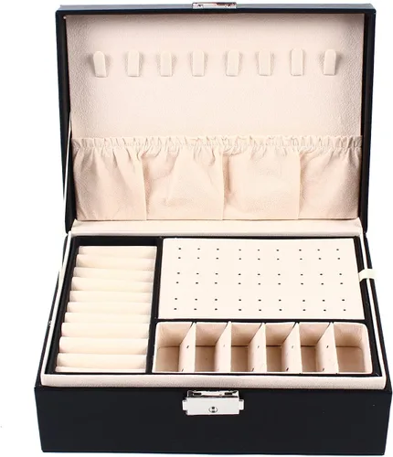 Vista 5 de SHZICMY Joyero para mujeres y niñas, 2 capas de piel sintética, organizador de joyas con cerradura con bandeja extraíble, soporte de exhibición