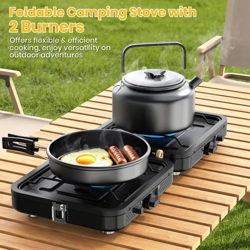 Vista 2 de Estufa de propano para camping, 2 quemadores de 20000 BTU, estufa de propano plegable portátil con bolsa de transporte, quemadores de alto calor