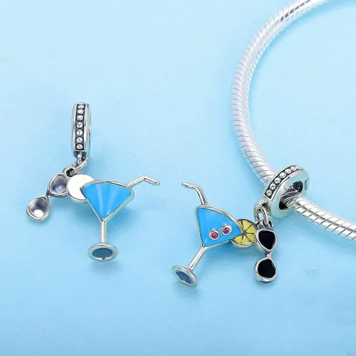 Vista 2 de Abalorio de plata de ley 925 con diseño de limón y copa de vino, para pulsera y collar