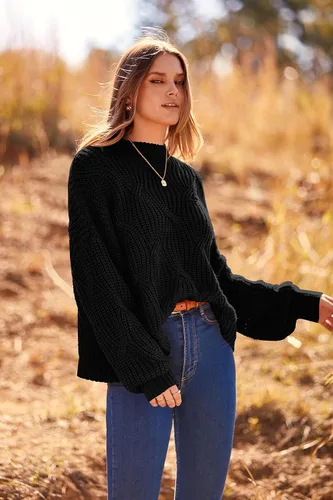 Vista 5 de PRETTYGARDEN Suéteres de otoño de gran tamaño para mujer, estilo casual, cuello redondo, manga larga, tejido trenzado grueso, blusa