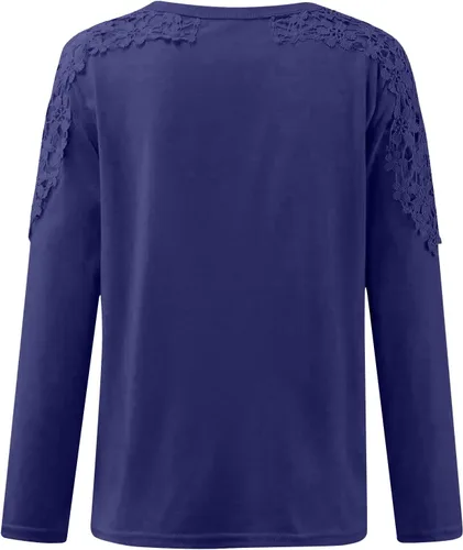 Vista 5 de Camisas de manga larga para mujer, estilo casual, cuello redondo, color liso, ajuste cómodo, con encaje hueco