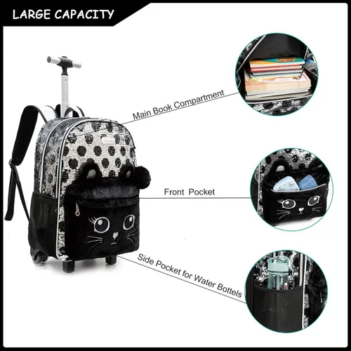 Vista 4 de Mochila con ruedas para niñas, mochila con ruedas y bolsa de almuerzo para niñas, maleta con ruedas
