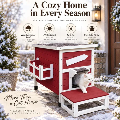 Vista 5 de Hicaptain Casa para gatos al aire libre, refugio aislado para gatos con puerta de escape, exterior resistente a la intemperie, casa pequeña
