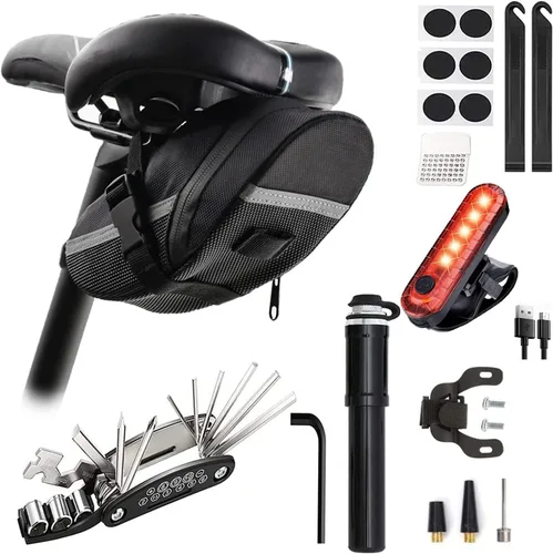Vista 9 de Kit de herramientas de reparación de bicicletas con mini bomba de bicicleta, bolsa de sillín de bicicleta con luz trasera, multiherramienta