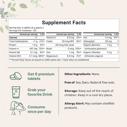 Vista 4 de Micro Ingredients Tabletas orgánicas de Chlorella Spirulina de 3000 mg y vitamina D3 5000iu + K2 100mcg paquete de 2 unidades Pared celular
