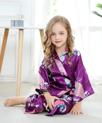Vista 5 de TIMSOPHIA Bata de baño floral de satén para niños, bata de baño para boda, spa, fiesta, regalos, lencería nupcial, ropa de dormir, bata de baño