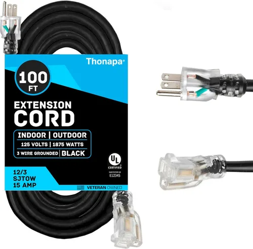 Vista 21 de Thonapa Cable de extensión de calibre 12 de 6 pies para exteriores, resistente 12/3, extremo iluminado SJTW Cable negro, 3 clavijas, enchufe a