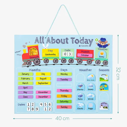 Vista 6 de Navaris Calendario magnético para niños, gráfico magnético de aprendizaje diario con clima, fecha, mes, día, temporada para niños, diseño de tren