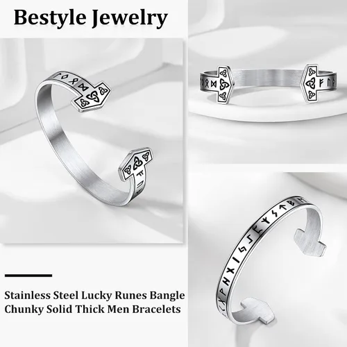 Vista 2 de Bestyle Brazalete vikingo de acero inoxidable pesado para hombres y niños, pulsera ajustable abierta de cuervoloboruna, vintage, retro, joyería