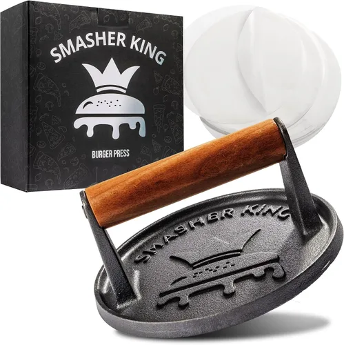 Vista 9 de SMASHER KING™ - Prensa de hamburguesa premium de hierro fundido con 25 piezas de papel para hamburguesas, prensa de hamburguesas para plancha