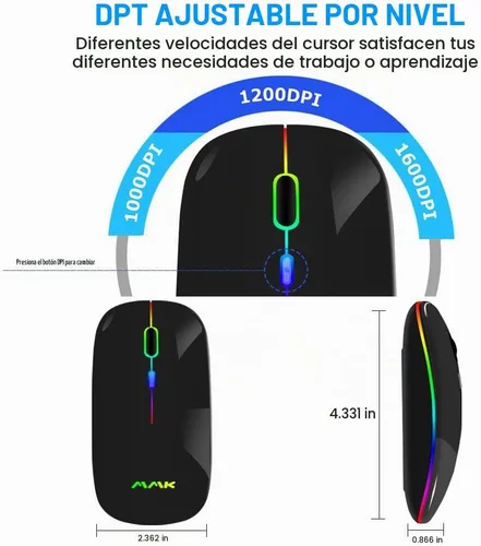 Vista 5 de Ratón inalámbrico Bluetooth para portátil, ratón recargable 2.4G USB óptico inalámbrico, ratón LED delgado de doble modo (Bluetooth 5.0 y 2.4G)