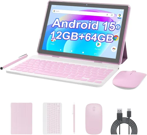 Vista 9 de Tablet Android 15 de 10 pulgadas, tabletas 2 en 1 con estuche de teclado ratón lápiz, 12 GB RAM 64 GB ROM 1 TB expandible, tablet PC con procesador