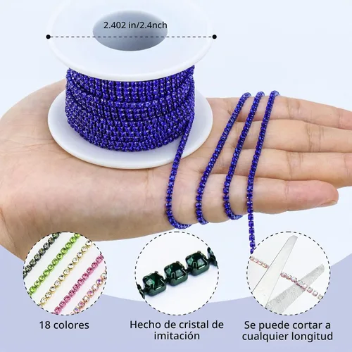 Vista 3 de Dowarm Cadena de cierre de diamantes de imitación de cristal de 10 yardas de 0.079 pulgadas para coser Crocs zapatos, ropa, vasos, cadena de Azul