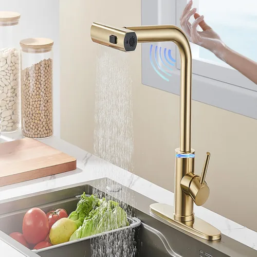 Vista 18 de Grifo de cocina táctil, rociador desplegable de 3 modos, sensor táctil activado, control de temperatura LED, rotación de 360 grados, placa de Negro