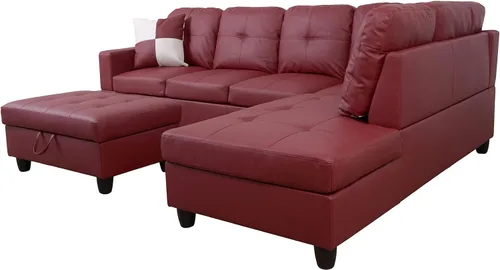 Vista 4 de Moderno sofá seccional de cuero en forma de L (rojo, orientado a la derecha)