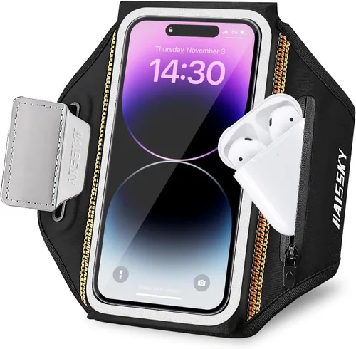 Vista 14 de Brazalete para teléfono celular con bolsillo con cremallera, soporte para iPhone 16 Pro Max/15/14 Pro Max/13/12/11 Pro Max/XS/XR, Galaxy S20 S10