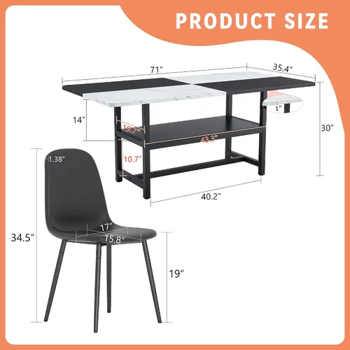 Vista 2 de Juego de mesa de comedor de 71 pulgadas para 6 personas con estante de almacenamiento, juego de mesa de comedor rectangular industrial moderna