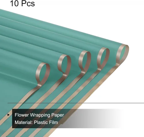 Vista 3 de MECCANIXITY 10 piezas de papel de regalo de flores con borde dorado, turquesa, 22.8 x 22.8 pulgadas, impermeable, para suministros de ramo