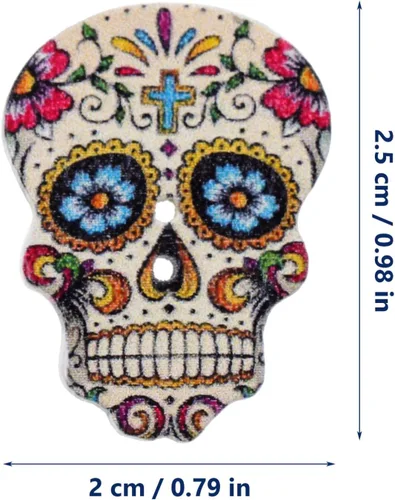 Vista 2 de GLEAVI Botones de calavera de madera para coser, 50 piezas, accesorios de ropa decorativos, pequeños botones de madera de dos agujeros
