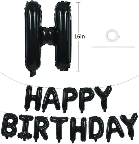 Vista 2 de TONIFUL Pancarta de Globos Negros de Feliz Cumpleaños de 16 Pulgadas con Letras de Papel de Aluminio Mylar, Cartel Banderín Reutilizable