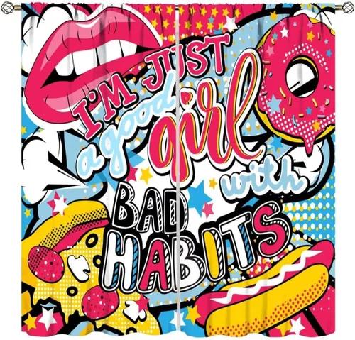 Vista 11 de Cortinas de pared de ladrillo, arte pop de grafiti, hermosas cortinas con estampado de chicas americanas para adolescentes, dormitorio, sala