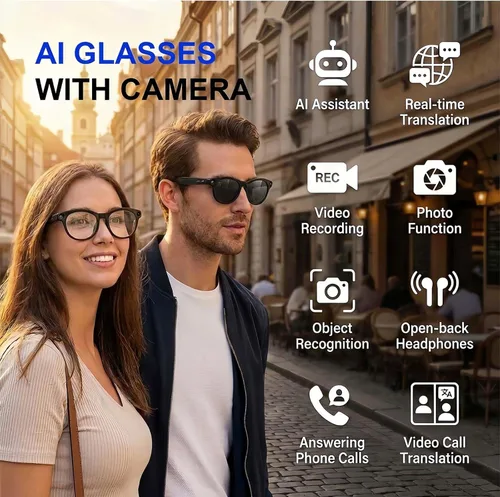 Vista 9 de Gafas inteligentes AI con cámara, gafas de sol de grabación de video Negro