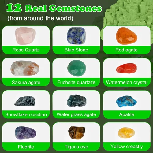 Vista 2 de Kit de excavación de piedras preciosas (forma única), gran kit de ciencia STEM para niños, excava tus propias 12 piedras preciosas reales, juguetes