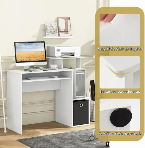 Vista 6 de Tangkula Escritorio para computadora con cajón de tela y bandeja para teclado, escritorio de estudio que ahorra espacio con estantes