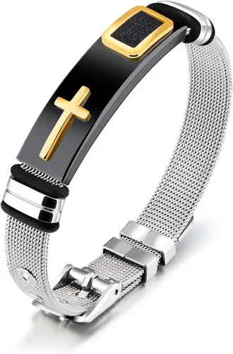 Vista 8 de Pulsera de Cruz para Hombres de Acero Inoxidable Pulsera Cristiana Joyería Religiosa con Diseño de Malla Moderno Regalo de Personalidad para Hombres
