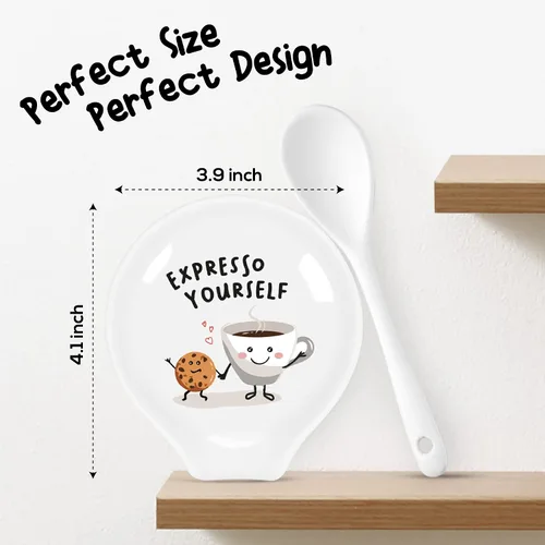 Vista 2 de Soporte para cuchara de cerámica blanca de 4 pulgadas con cuchara, soporte para cuchara de café para cocina, accesorios de barra de café, soporte