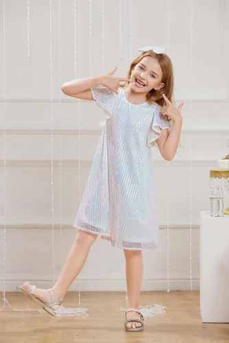 Vista 4 de GRACE KARIN Vestido de lentejuelas para niñas, manga corta, con vuelo, silueta acampanada, vestido midi con lazo para el pelo, 5-12 años