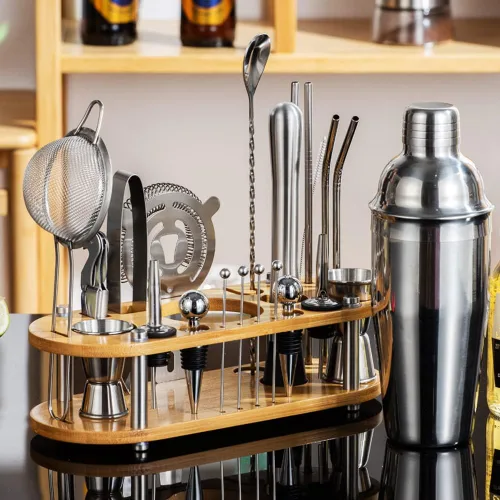 Vista 5 de DUEBEL Kit de barman Juego de herramientas de barra de mixología profesional de 24 piezas con bolsa de viaje y elegante soporte de bambú