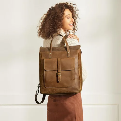 Vista 6 de S-ZONE Mochila de piel auténtica para mujer, con estilo retro, estilo vintage