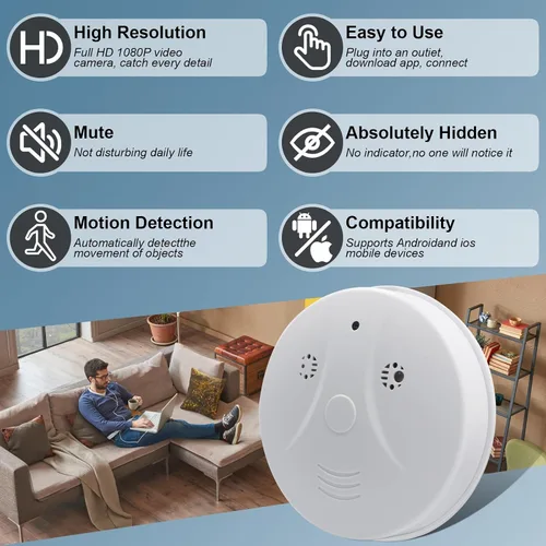 Vista 2 de UYIKOO Cámara oculta Detector de humo Video Cámara pequeña 1080P HD Cámara inalámbrica WiFi con visión nocturna y detección de movimiento Cámara