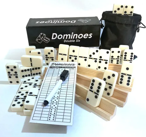 Vista 6 de Dominoes Double 6, juego de dominó, tamaño para torneos, con remaches giratorios, con caja de madera