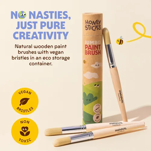 Vista 2 de Honeysticks Juego de pinceles de pintura Jumbo – Paquete de 3. Pinceles de pintura jumbo para niños con un mango de madera grande para un fácil