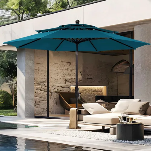 Vista 11 de PHI VILLA Sombrilla de patio de 10 pies, sombrilla de mesa grande ventilada de 3 niveles para exteriores, con 8 varillas resistentes y poste
