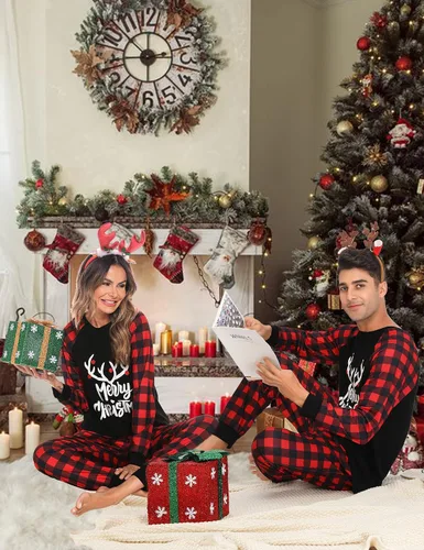 Vista 3 de SWOMOG Pijamas de Navidad familiares a juego, pijamas de Navidad para familia, parejas, adolescentes, niños, niñas, festival de ropa de dormir