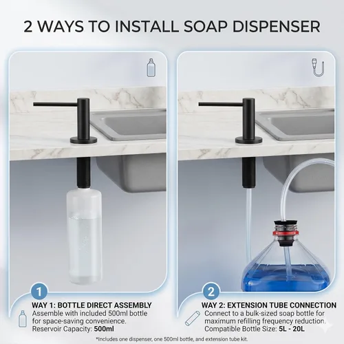 Vista 4 de Dispensador de jabón para fregadero de cocina, dispensador de jabón negro integrado, bomba de jabón de acero inoxidable con tubo de extensión de 40