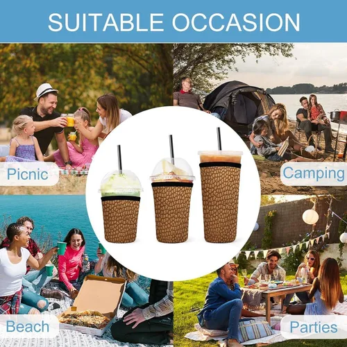 Vista 8 de Golden Leather Texture Reusable Insulated Neoprene Iced Coffee Cup Sleeves 3 Sizes Diving Material Cup Durable Beverage Covers for Cold Coffee Tea