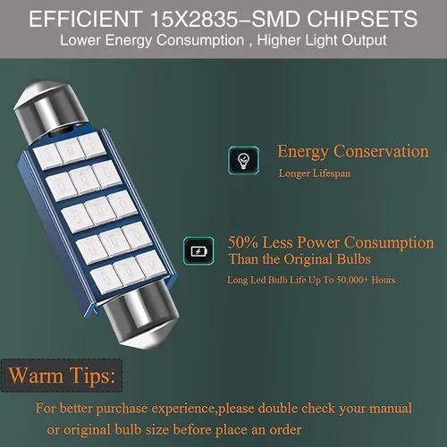 Vista 4 de UGSHY 2 unidades de bombillas LED para auto extremadamente brillantes, 1.6" 6000K 2835 Chipsets 1200LM para luces LED interiores de domo, mapa