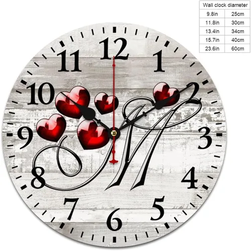 Vista 2 de Reloj de madera con monograma de corazón rojo, letra M, letra M, corazón floral, monograma, letra de interior, funciona con pilas, silencioso, sin