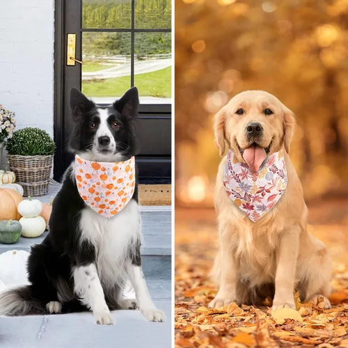 Vista 5 de Bandanas de otoño para perro, 2 unidades, pequeñas, bufanda de calabaza y hojas de Halloween, bufanda reversible de búfalo a cuadros, triangular