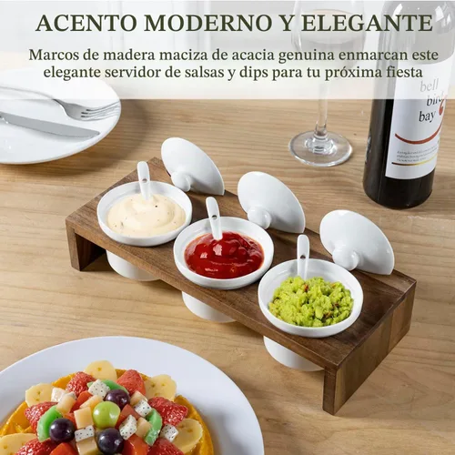 Vista 9 de MyGift Juego de Servir de Condimentos de 10 Piezas Incluye Bandeja de Presentación Elevada de Madera Sólida de Acacia Premium y 3 Cuencos